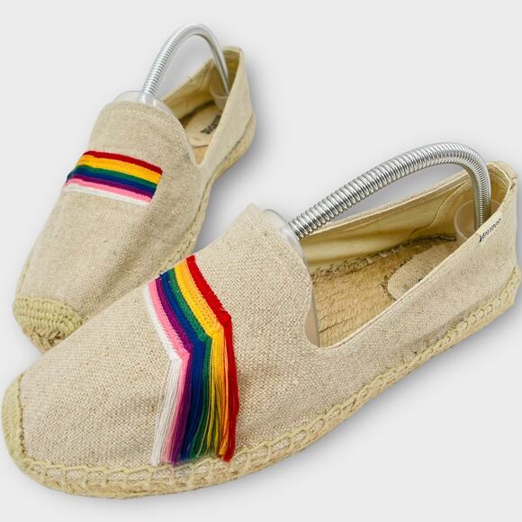 Anthropologie Soludos Pride Beige Espadrille Rainbow Slip On Flat Loafers Linen - Picture 1 of 12